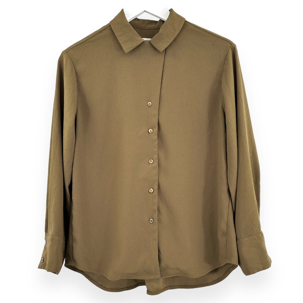 MM LaFleur Olive Green Chef Collar Long Sleeve Button Up Blouse